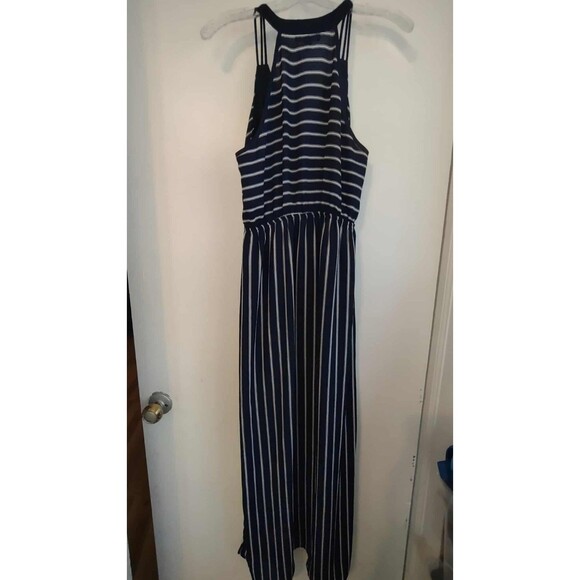 Monteau | Blue & White Striped Halter Long Side Slit Dress Size Large - Picture 4 of 4